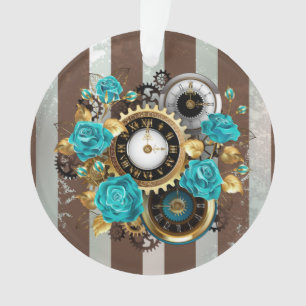 Steampunk Clock and Turquoise Roses on Striped Ornament