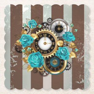 Steampunk Clock and Turquoise Roses on Striped Paper Coaster