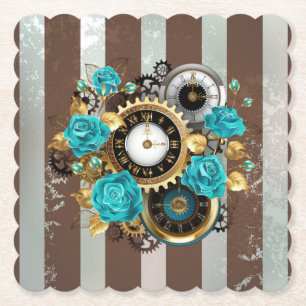 Steampunk Clock and Turquoise Roses on Striped Paper Coaster