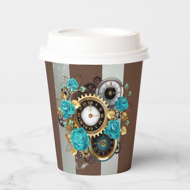 Steampunk Clock and Turquoise Roses on Striped Paper Cups (Front)