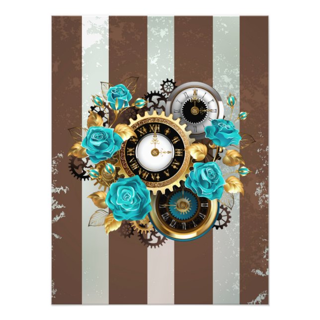 Steampunk Clock and Turquoise Roses on Striped Photo Print (Front)