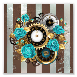 Steampunk Clock and Turquoise Roses on Striped Photo Print