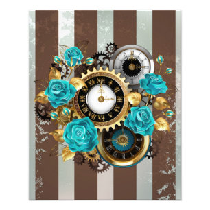 Steampunk Clock and Turquoise Roses on Striped Photo Print