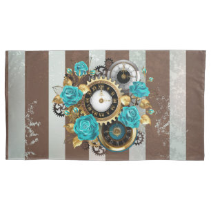 Steampunk Clock and Turquoise Roses on Striped Pillowcase