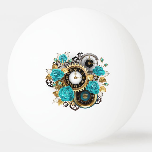 Steampunk Clock and Turquoise Roses on Striped Ping Pong Ball (Front)