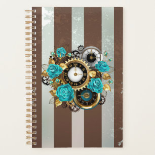 Steampunk Clock and Turquoise Roses on Striped Planner