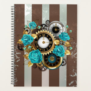 Steampunk Clock and Turquoise Roses on Striped Planner
