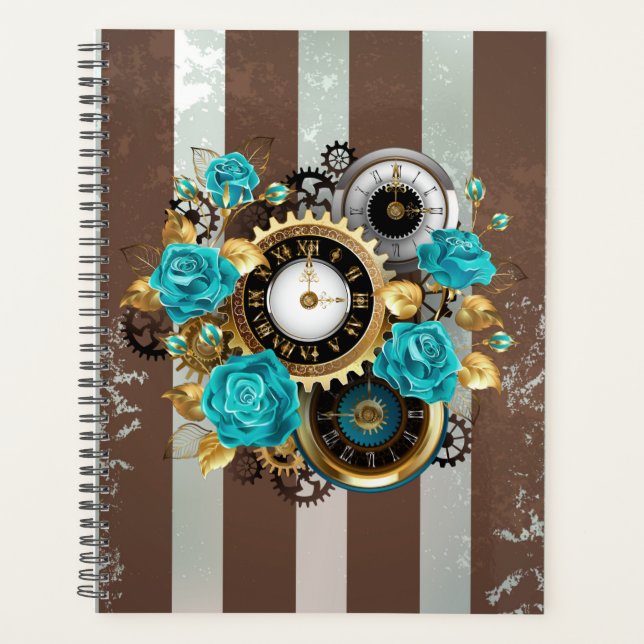 Steampunk Clock and Turquoise Roses on Striped Planner (Front)
