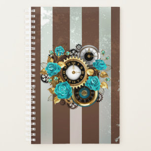 Steampunk Clock and Turquoise Roses on Striped Planner