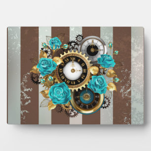 Steampunk Clock and Turquoise Roses on Striped Plaque