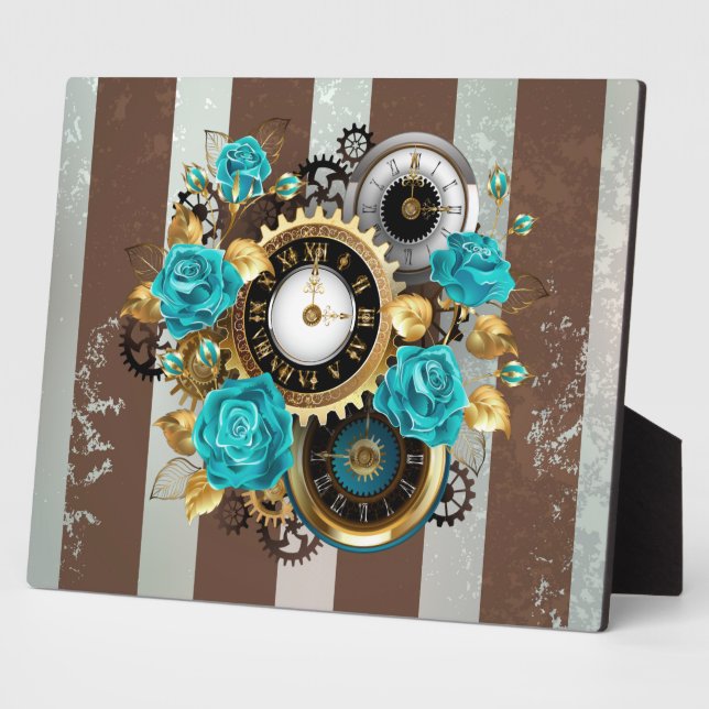 Steampunk Clock and Turquoise Roses on Striped Plaque (Side)