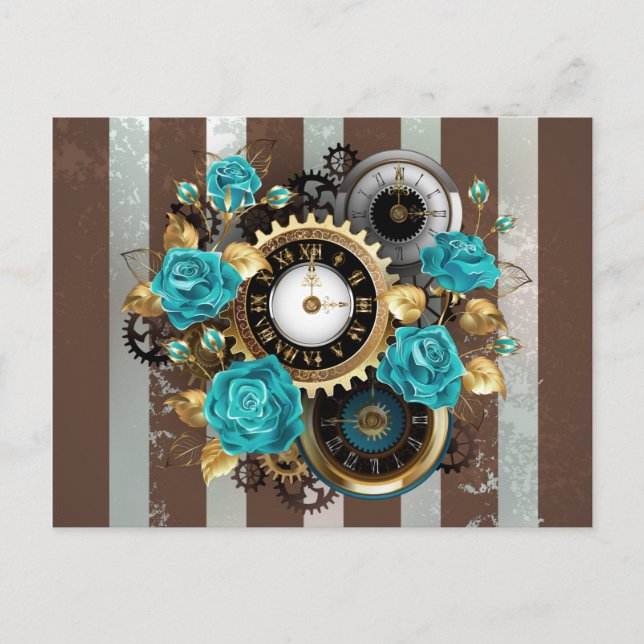Steampunk Clock and Turquoise Roses on Striped Postcard (Front)