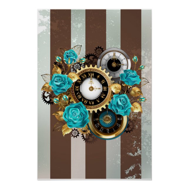 Steampunk Clock and Turquoise Roses on Striped Poster (Front)