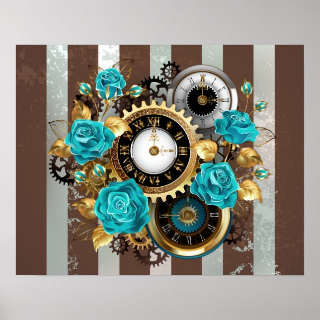 Steampunk Clock and Turquoise Roses on Striped Poster (Front)