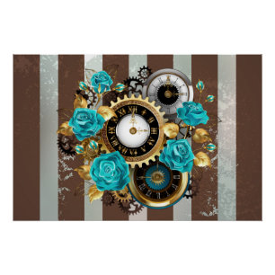 Steampunk Clock and Turquoise Roses on Striped Poster