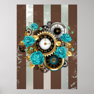 Steampunk Clock and Turquoise Roses on Striped Poster