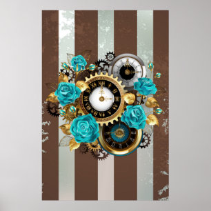Steampunk Clock and Turquoise Roses on Striped Poster