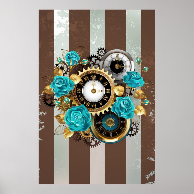Steampunk Clock and Turquoise Roses on Striped Poster (Front)