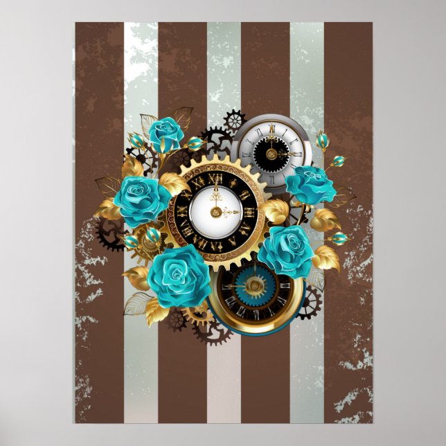 Steampunk Clock and Turquoise Roses on Striped Poster (Front)