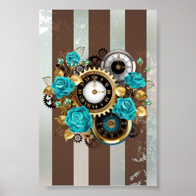 Steampunk Clock and Turquoise Roses on Striped Poster (Front)