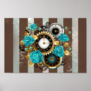 Steampunk Clock and Turquoise Roses on Striped Poster