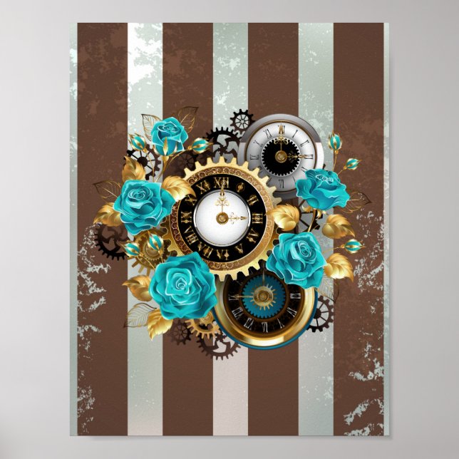Steampunk Clock and Turquoise Roses on Striped Poster (Front)