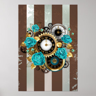Steampunk Clock and Turquoise Roses on Striped Poster