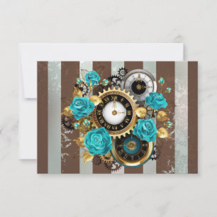 Steampunk Clock and Turquoise Roses on Striped RSVP Card