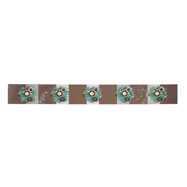 Steampunk Clock and Turquoise Roses on Striped Satin Ribbon (Front)