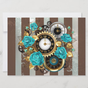 Steampunk Clock and Turquoise Roses on Striped Save The Date