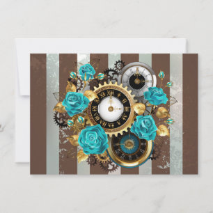 Steampunk Clock and Turquoise Roses on Striped Save The Date