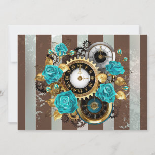 Steampunk Clock and Turquoise Roses on Striped Save The Date