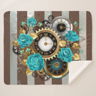 Steampunk Clock and Turquoise Roses on Striped Sherpa Blanket