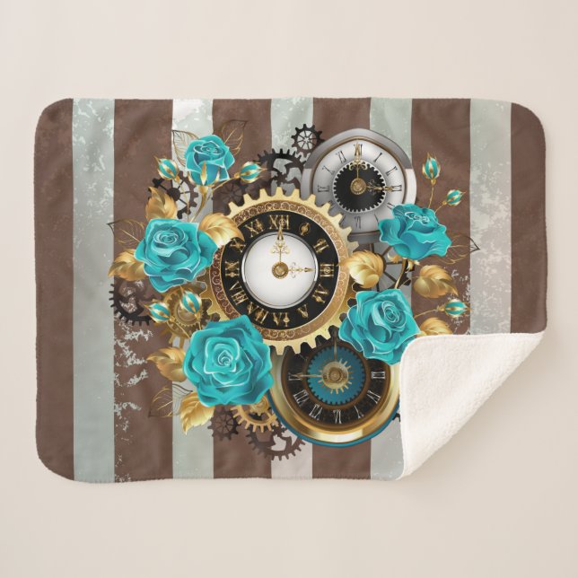 Steampunk Clock and Turquoise Roses on Striped Sherpa Blanket (Front (Horizontal))