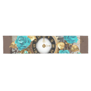 Steampunk Clock and Turquoise Roses on Striped Short Table Runner