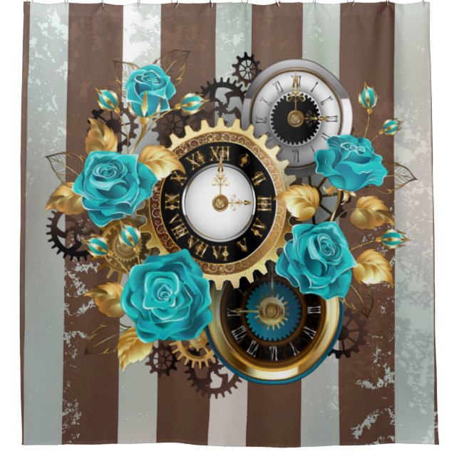 Steampunk Clock and Turquoise Roses on Striped Shower Curtain (Front)