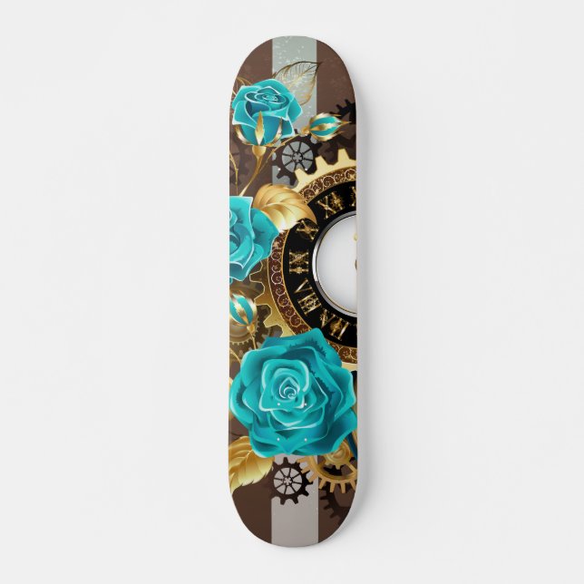 Steampunk Clock and Turquoise Roses on Striped Skateboard (Front)