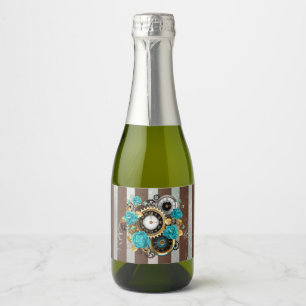 Steampunk Clock and Turquoise Roses on Striped Sparkling Wine Label