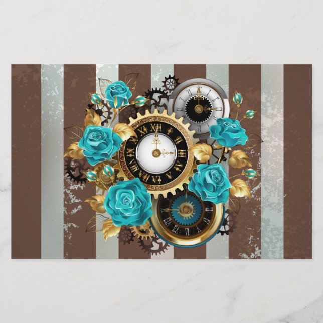 Steampunk Clock and Turquoise Roses on Striped Stationery (Front)