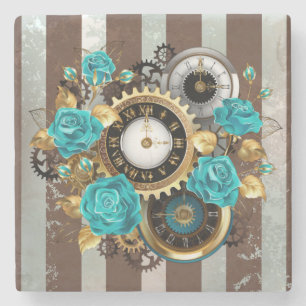 Steampunk Clock and Turquoise Roses on Striped Stone Coaster