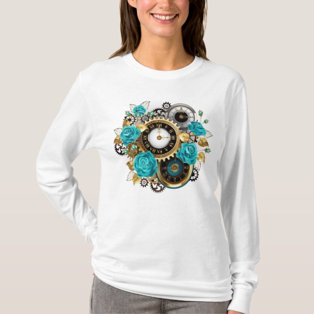 Steampunk Clock and Turquoise Roses on Striped T-Shirt (Front)