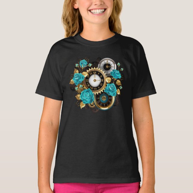 Steampunk Clock and Turquoise Roses on Striped T-Shirt (Front)