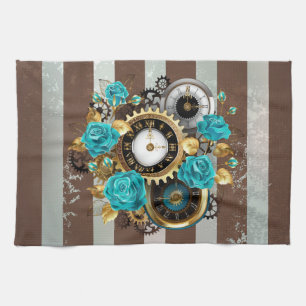 Steampunk Clock and Turquoise Roses on Striped Tea Towel