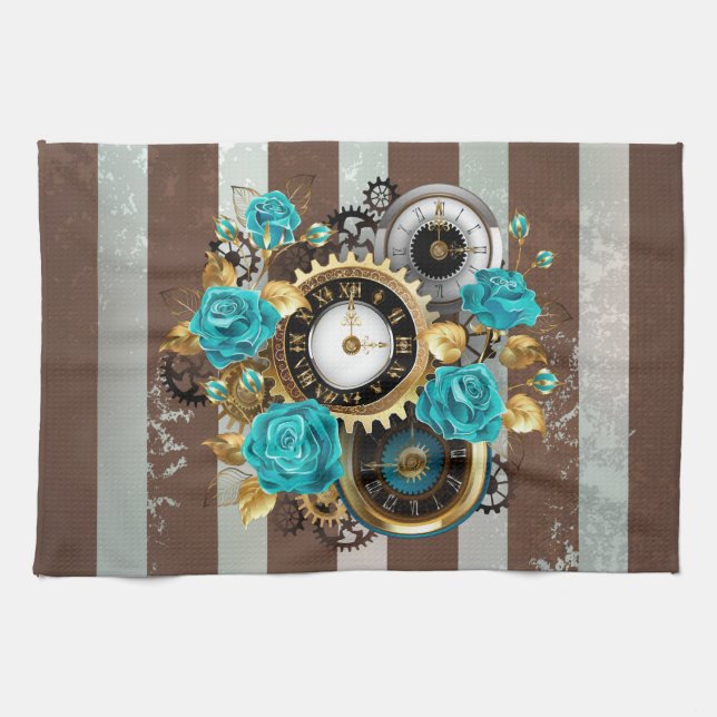 Steampunk Clock and Turquoise Roses on Striped Tea Towel (Horizontal)
