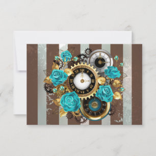 Steampunk Clock and Turquoise Roses on Striped Thank You Card
