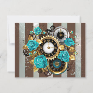 Steampunk Clock and Turquoise Roses on Striped Thank You Card