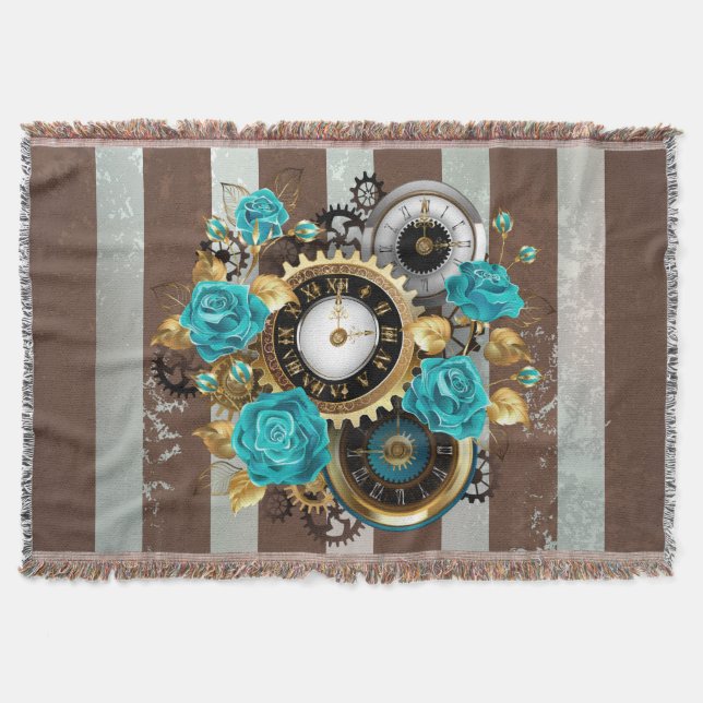 Steampunk Clock and Turquoise Roses on Striped Throw Blanket (Front)
