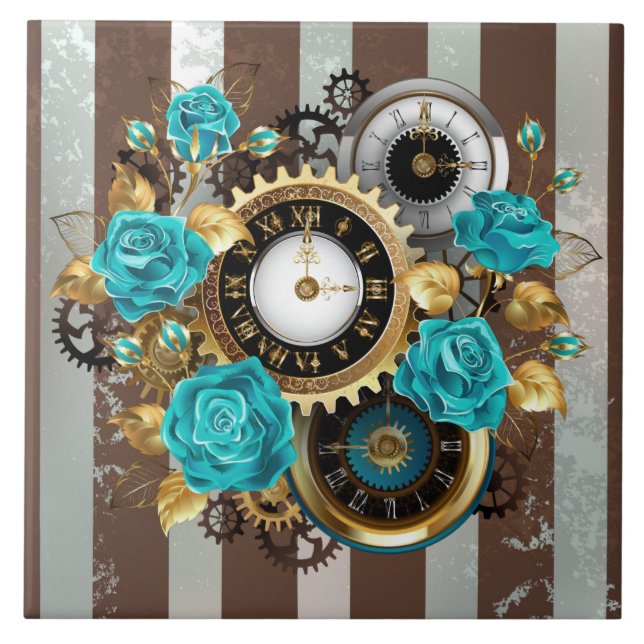 Steampunk Clock and Turquoise Roses on Striped Tile (Front)