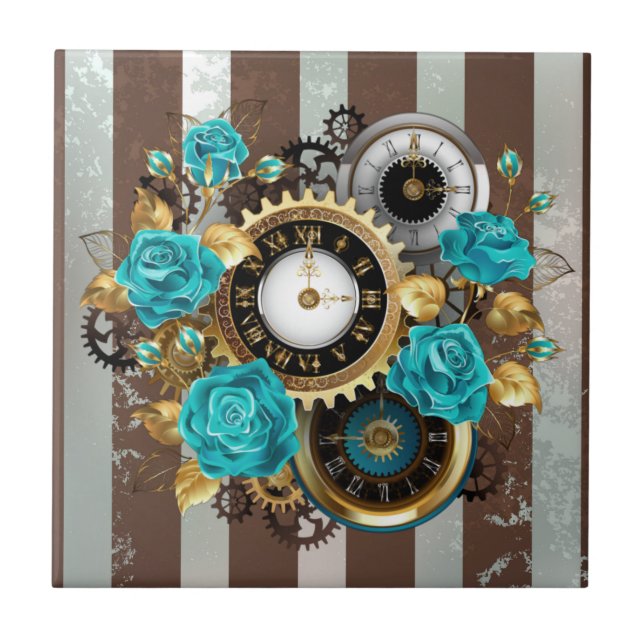 Steampunk Clock and Turquoise Roses on Striped Tile (Front)