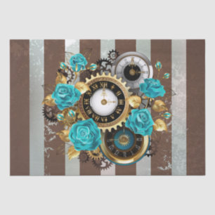 Steampunk Clock and Turquoise Roses on Striped Tissue Paper